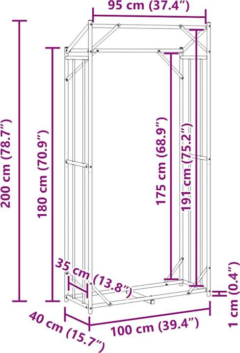 Actual product image VidaXL Firewood rack with rain protection 100x40x200 cm Galvanised steel (100 x 40 x 200 cm)
