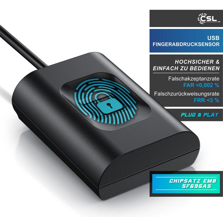 Actual product image CSL Fingerprint sensor, USB fingerprint reader, 10 IDs, all-round recognition, plug & play, for Win