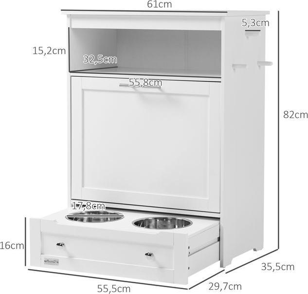 Actual product image Swisshandel24 Haustier-Futterschrank Tierfutterschrank mit 2 Edelstahlnäpfen, 3 Haken, Weiss