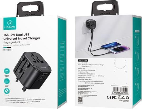 Actual product image Usams Ład. siec. 2xUSB T55 12W adapter 4w1 US/AU/EU/UK czarny/black CC173TC01 (US-CC173) Univesal Tr
