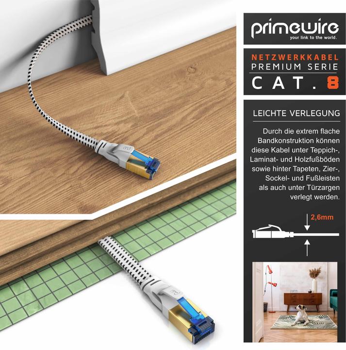 Produktbild Primewire CAT 8 Netzwerkkabel Flach Baumwollmantel - LAN Patchkabel Datenkabel - Flachbandkabel - Verlegekabel (U/FTP, CAT8.1, 0.50 m)