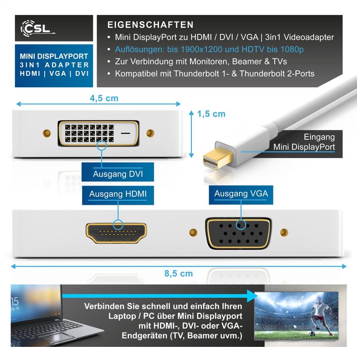 Image du produit CSL Câble adaptateur mini DisplayPort vers HDMI + DVI + VGA (HDMI, DVI, VGA, 8.50 cm)