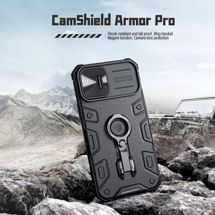 Produktbild Nillkin CamShield Armor Pro Magnethülle für iPhone 14 MagSafe Armoured Cover Standring Schwarz (Apple iPhone 14, Apple iPhone 13)