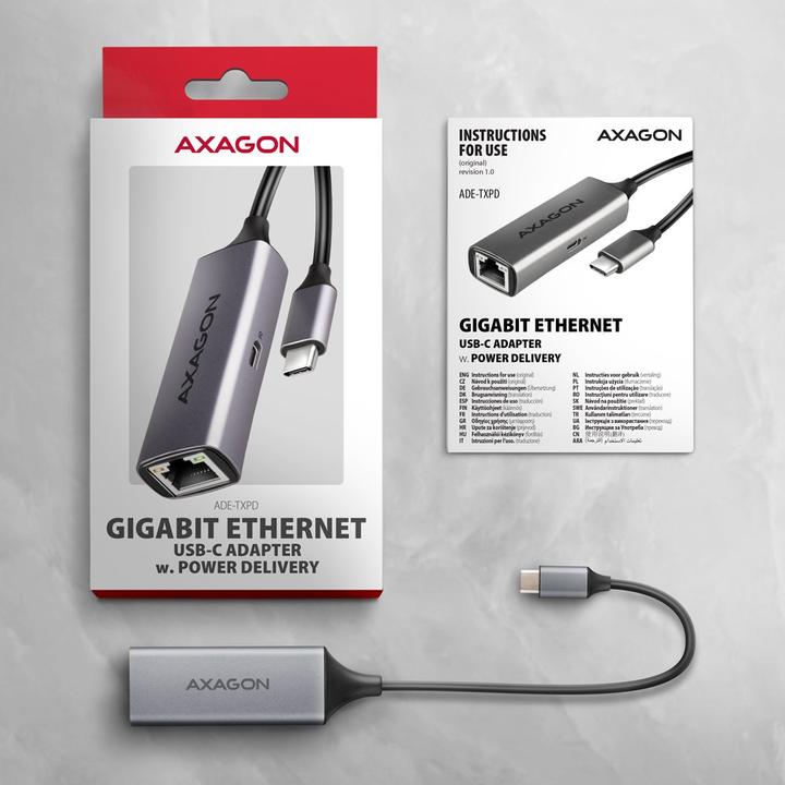 Image du produit Axagon ADE-TXPD, USB-C 3.2 Gen 1 - Gigabit Ethernet síťová karta, Asix AX88179, PD, auto instal (USB-C, RJ45 (1x))