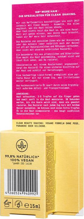 Valeurs nutritives et ingrédients No more hair Plus de poils, huile de rasage, 15 ml (15 ml, Huile de rasage)
