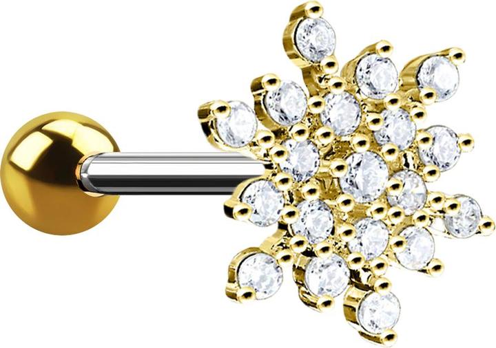 Produktbild Star Piercing Micro Barbell 14k vergoldet Schneeflocke mit Kristallen (Chirurgenstahl 316L, Messing)