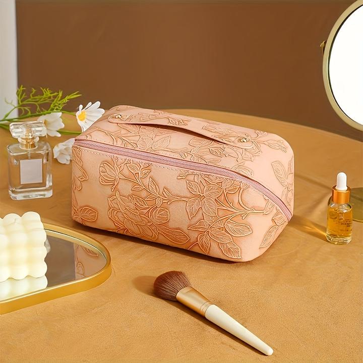 Only-Bags.Store Vintage geprägte PU-Makeup-Tasche - grosse Kapazität Reise Kosmetik-Organizer mit Blumenmuster