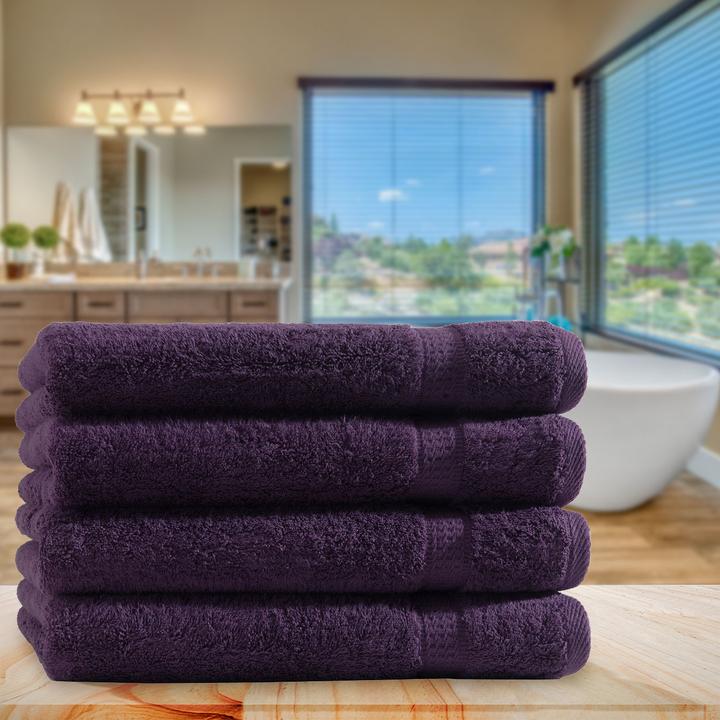Actual product image Casativo Set of 4 shower towels, 70 x 140 cm, 100% luxurious cotton, with 2 borders, aubergine (140 x 70 cm)