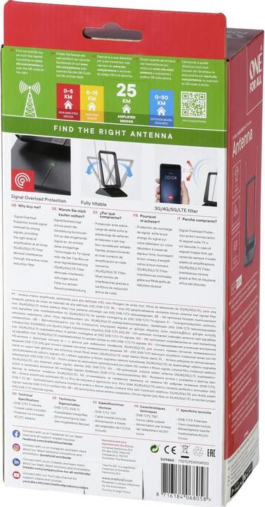 Actual product image One for All DVB-T Signal Overload Protect. Antenna SV9460 (Monopole antenna, 15 dB, DVB-T / -T2)