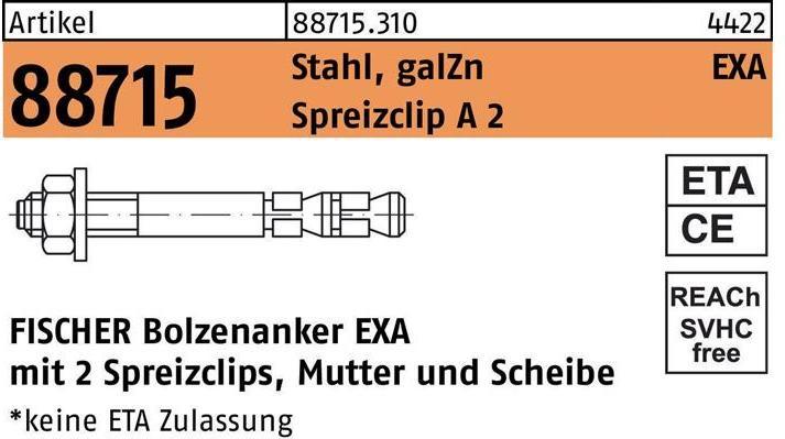 Actual product image Fischer Bolt anchor R 88715 EXA 10/ 45 Galvanised steel/Spreader clip A 2 (50 pcs.)