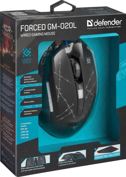 Produktbild Defender Forced GM-020L Maus Beidhändig USB Typ-A Optisch 3200 DPI (Kabelgebunden)