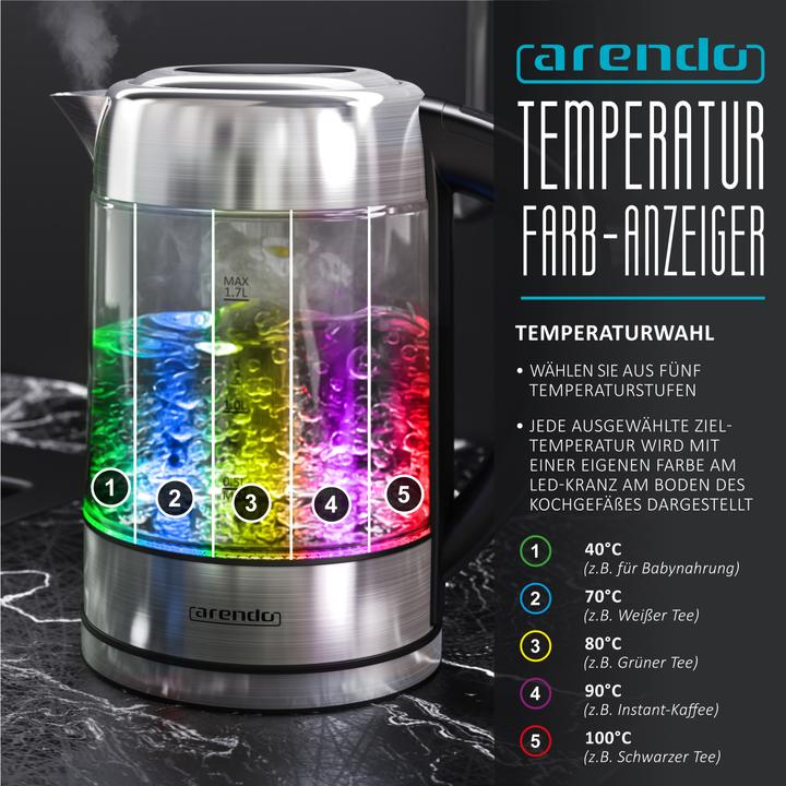 Immagine prodotto Arendo Bollitore da 1,7 l, 2200 W, acciaio inox con corpo in vetro, selezione della temperatura 40°C - (1.70 l)