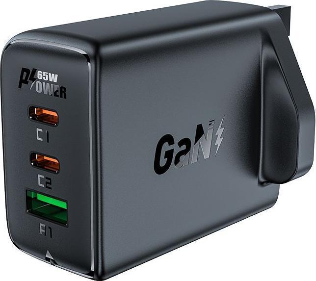 Acefast charger GaN 65W 3 ports (1xUSB, 2xUSB C PD) UK plug black (A44) (65 W)