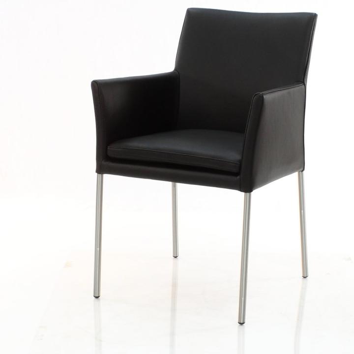 Image du produit SIX Une chaise en cuir stable et de qualité avec des accoudoirs et des pieds en acier inoxydable brossé.