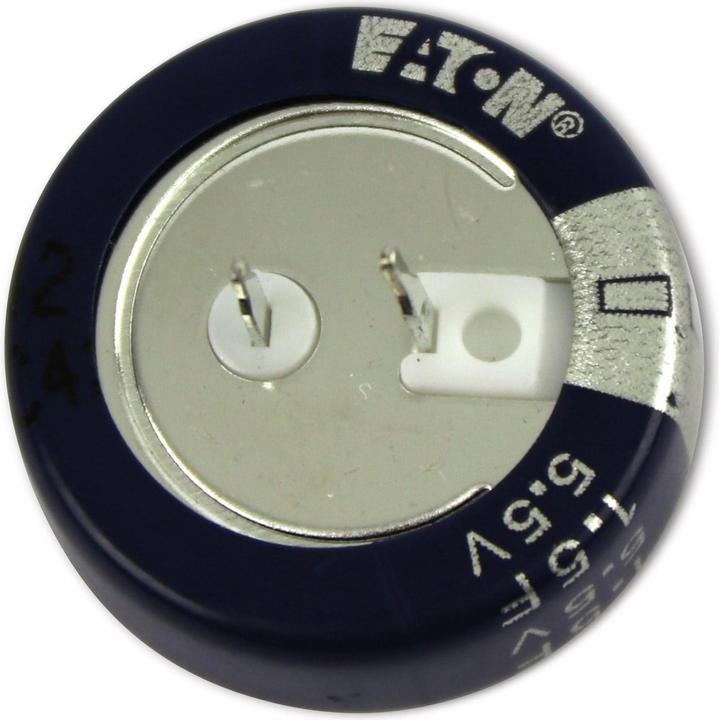 Actual product image Eaton Gold cap electrolytic capacitor, 1.5 F, 5.5 V, 21.5x6.9 mm