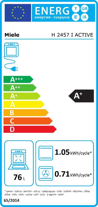 Etichetta energetica Miele H 2457 I Active sw/Ed Forno elettricoA+ 76L 8 modalità di riscaldamento PerfectClean