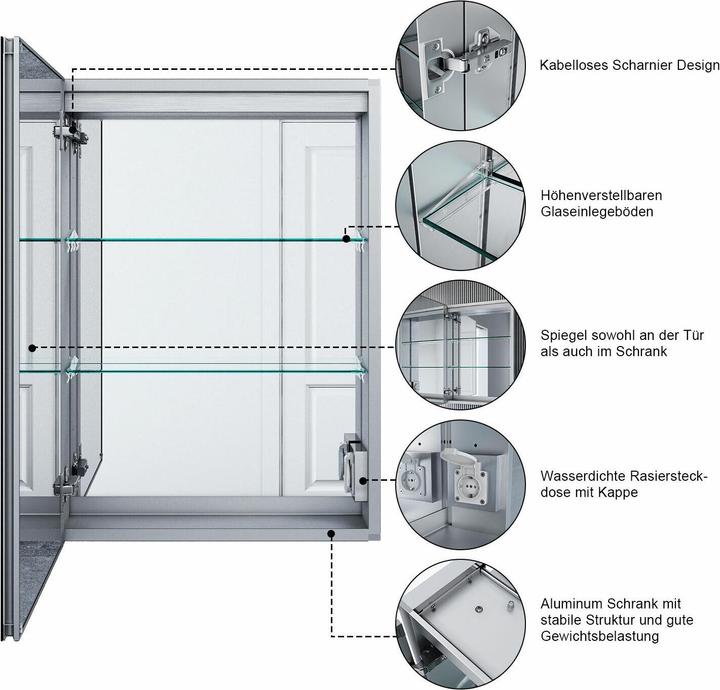 Actual product image SONNI LED mirror cabinet with light, 50 x 70 cm, aluminum, anti-fog, wireless hinges, can be used in (50 x 70 x 20 cm)