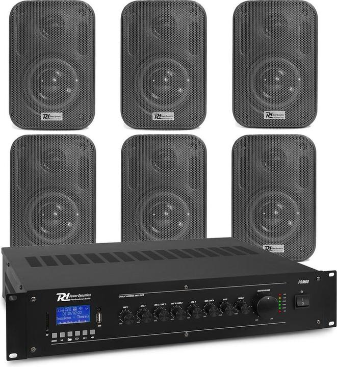 Actual product image Power Dynamics Outdoor Speaker Set - 6x Black 60W speakers and 100V amplifier - Bluetooth & Mp3 play (Active)