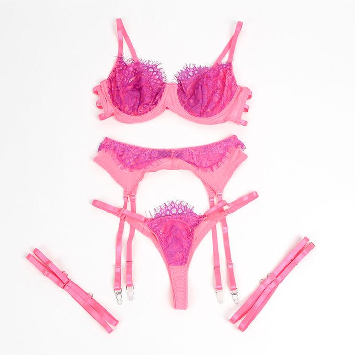 Immagine prodotto Subblime - 955366 SET REGGISENO CON PIZZO E GIARRETTIERA ROSA E VIOLA L/XL (XL)