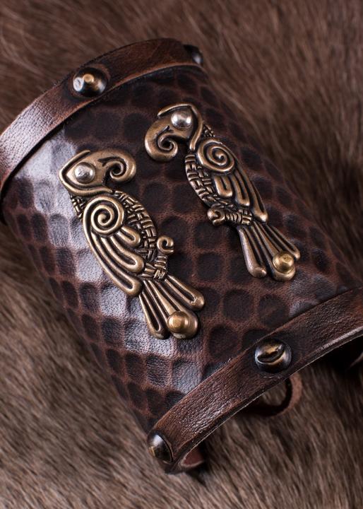 Image du produit Battle Merchant Protège-bras en cuir avec les corbeaux d'Odin Hugin et Munin