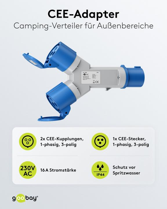 Produktbild Goobay CEE-Adapter, CEE-Stecker auf 2x CEE-Kupplung (CEE 7/3, CEE)