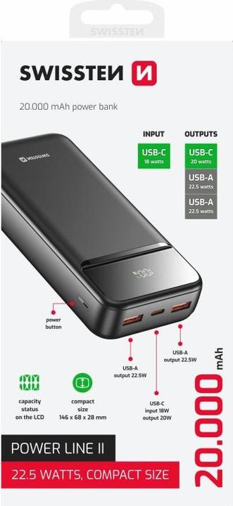 Immagine prodotto Swissten Power Bank 20000 Mah Power Line II Black (20000 mAh, 22.50 W, 22.50 Wh)