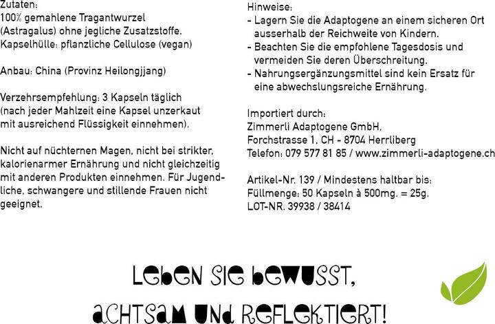 Nährwerte und Zutaten Zimmerli Adaptogene Astragalus Kapseln 50 Kapseln (1 Stück, Kapseln, 25 g)