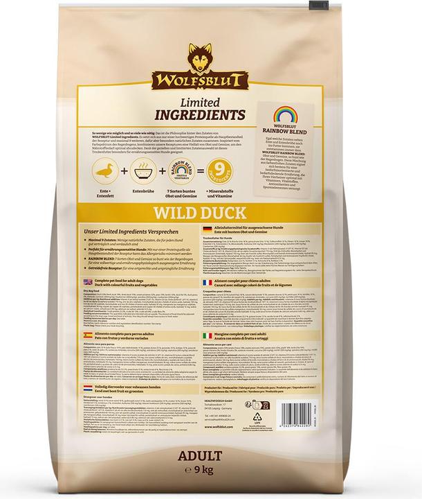 Nährwerte und Zutaten Wolfsblut Limited Ingredients Adult Wild Duck für Hunde 9 kg (Adult, 1 Stk., 9000 g)