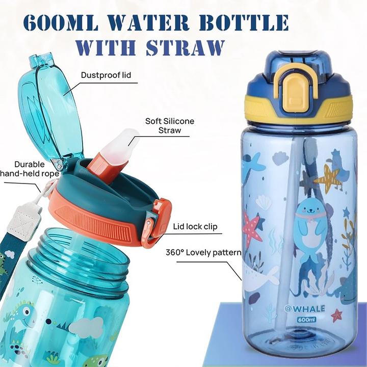 Image du produit ASMI Gourde pour enfants, bouteille d'eau avec paille Whale Bleu (0.60 l)