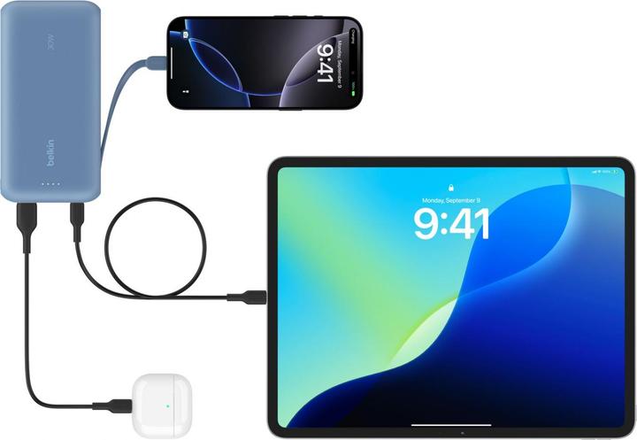 Produktbild Belkin Powerbank 20.000mAh blau 30W integr.USB-C Kab. BPB024hqBL (20000 mAh, 30 W, 74 Wh)