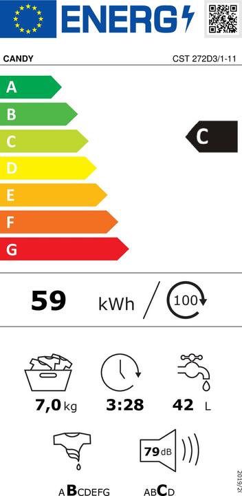 Energie-Label Candy Smart CST 272D3/1-11 Toplader-Waschmaschine 7 kg 1200 U/min Weiss (7 kg, Unten)