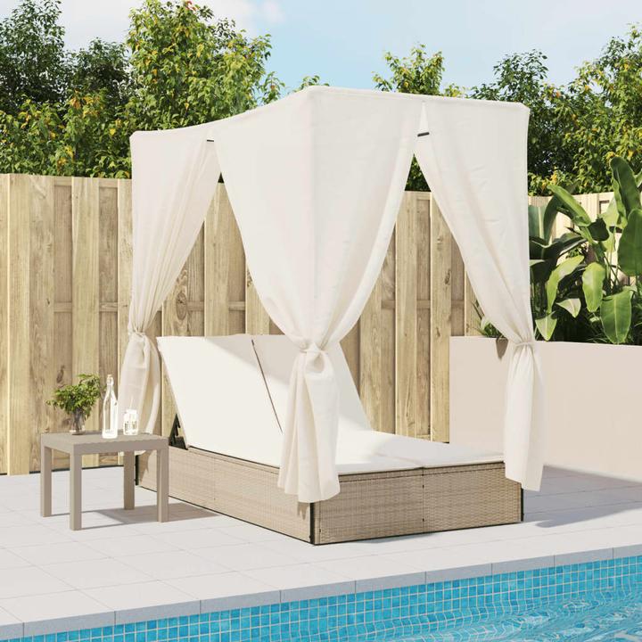 Actual product image VidaXL Double sun lounger Garden lounger with roof Curtains Beige poly rattan (114 cm)