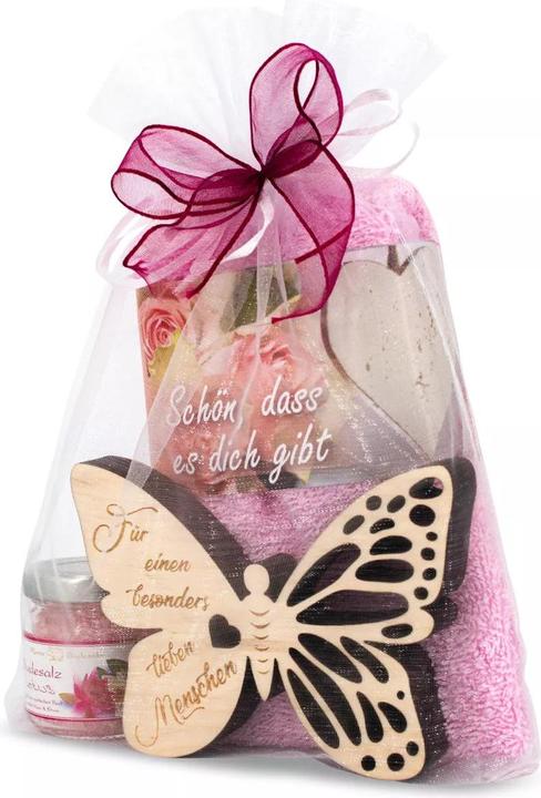 Actual product image ZNatur Gift set Swiss stone pine wood butterfly with engraving Lieber Mensch bath salts & towel No.39 (Body care set)