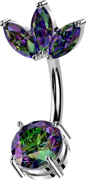 Star Piercing Banane silber Blatt drei Ovale Kristalle dunkel multicolor und Kristall dunkel multicolor gefasst (Chirurgenstahl 316L, Messing)