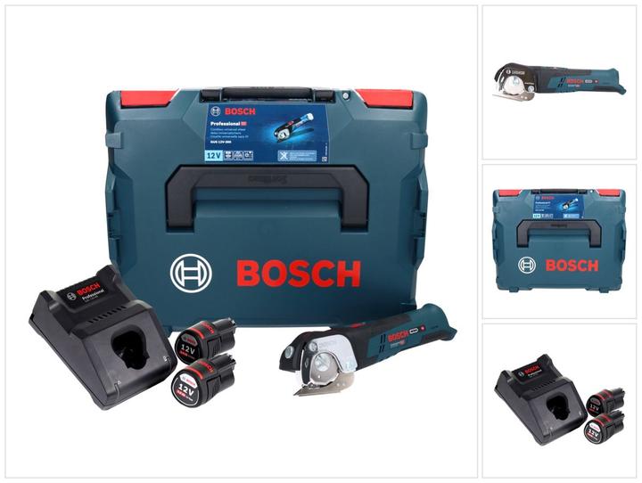 1x cesoie universali a batteria Bosch GUS 12V-300 Professional, 2x batteria Bosch GBA 12V 3.0 Ah (1600A00X79), 1x caricatore Bosch GAL 12V-40, 1x L-Boxx 102 Bosch (1600A001RP), 1x inserto coordinato