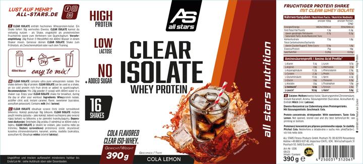 Valori nutrizionali e ingredienti All Stars Proteine Whey Isolate Clear (barattolo da 390 g) (Cola, 1 pz., 390 g)