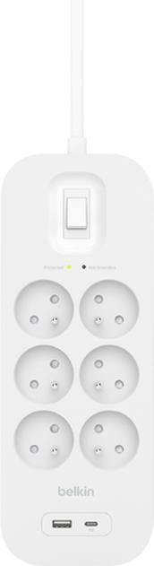 Productafbeelding Belkin Overspanningsbeveiliging met USB C 6 stopcontacten (6 x, 2 m)
