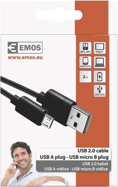 Actual product image Emos USB cable 2.0 A plug - micro B plug 2m, black (2 m, USB 2.0)