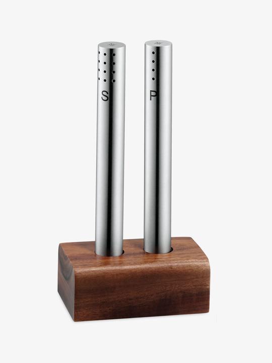 Immagine prodotto WMF Set saliera e pepiera 3 pezzi Cromargan in acciaio inox finitura opaca con supporto in legno (Sale, Pepe)