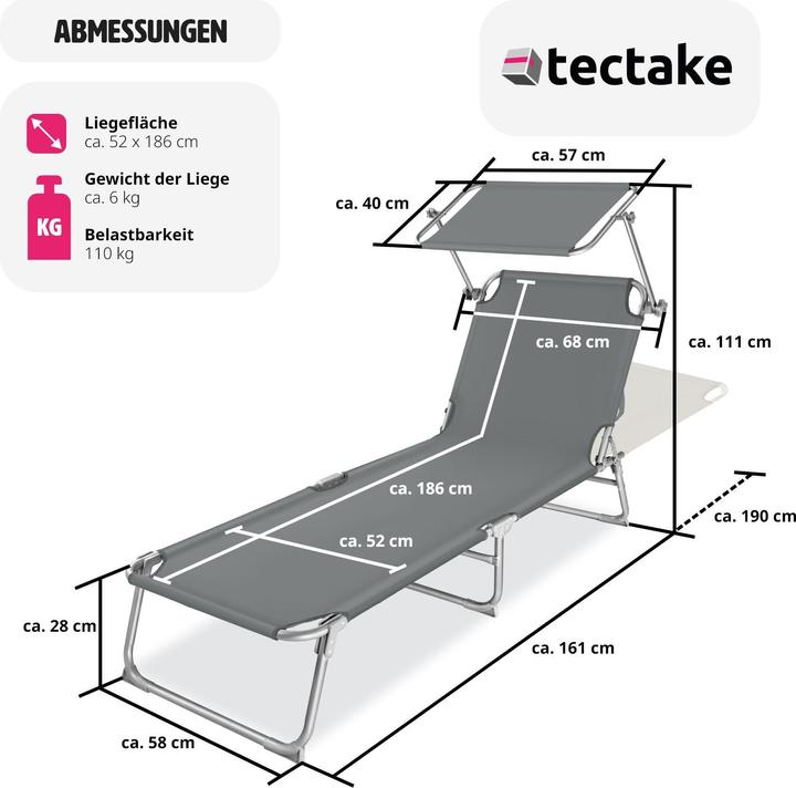 Actual product image tectake Sun lounger with sun shade (190 cm)