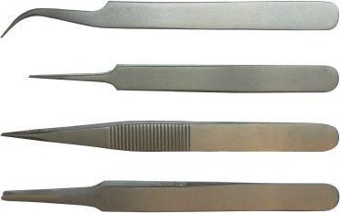 Rs Pro KIT 4-1T Austenitstahl Pinzettensatz, 110 mm, 120 mm, Spitze Gebogen, Fein Abgerundet, Scharf