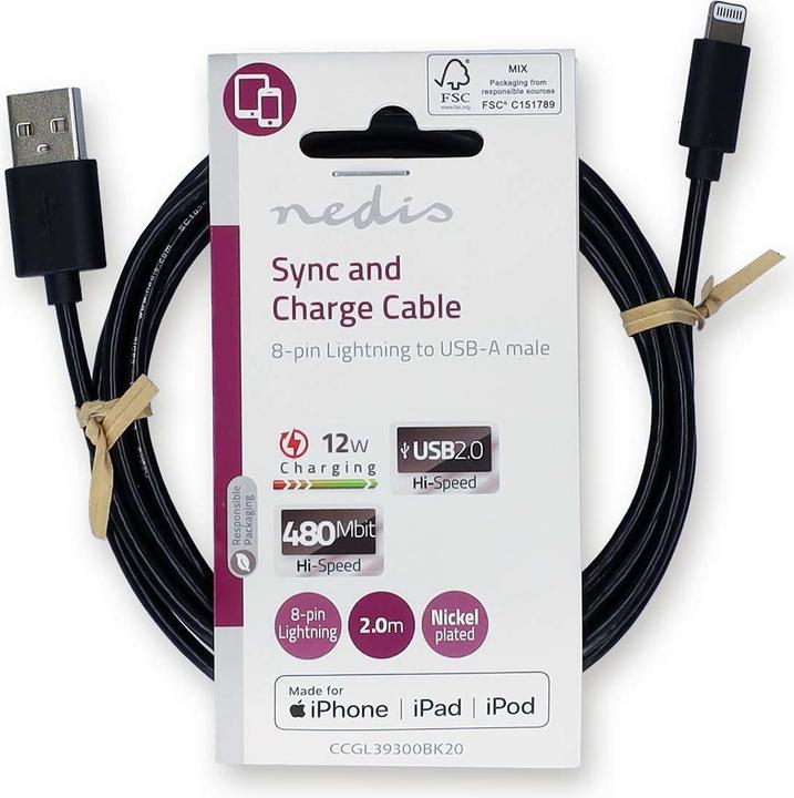 Produktbild Nedis Lightning Kabel | USB 2.0 | Apple Lightning 8-Pin | USB-A Stecker | 480 Mbps | Vernickelt | 2. (2 m, USB 2.0)