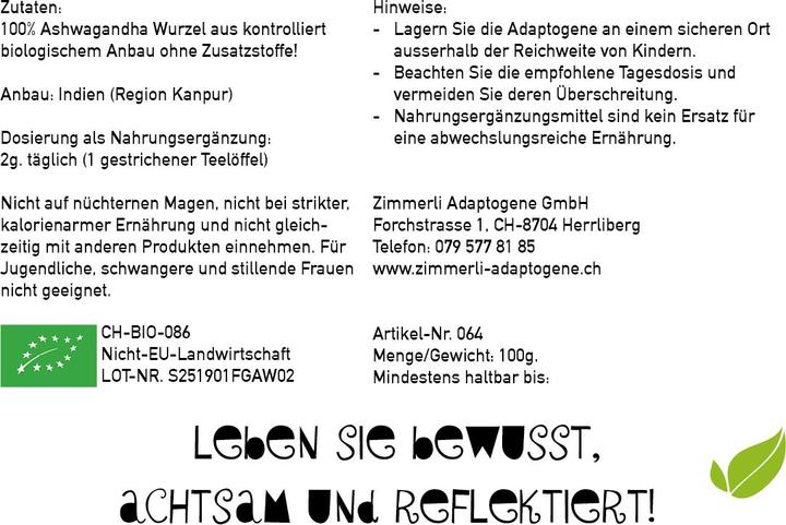 Nährwerte und Zutaten Zimmerli Adaptogene Ashwagandha Pulver (BIO) (1 Stück, Pulver, 100 g)