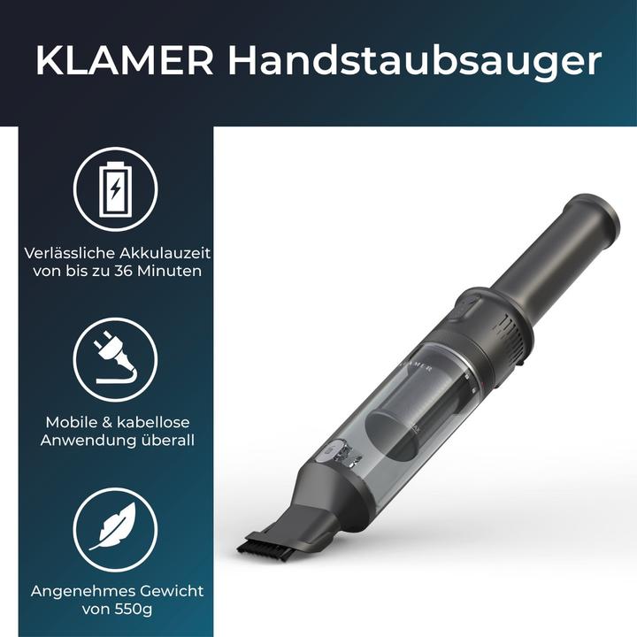 Actual product image KLAMER Handstaubsauger, 140W Akku Handstaubsauger, Leistungsstark mit 16.000 PA und 36 min Laufzeit