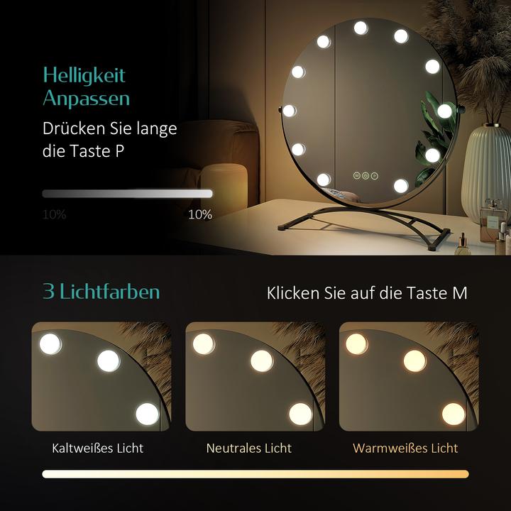 Image du produit Emke Miroir cosmétique rond style Hollywood avec 11 lampes, grossissement 1X+7X, 3 couleurs de lumière, 4