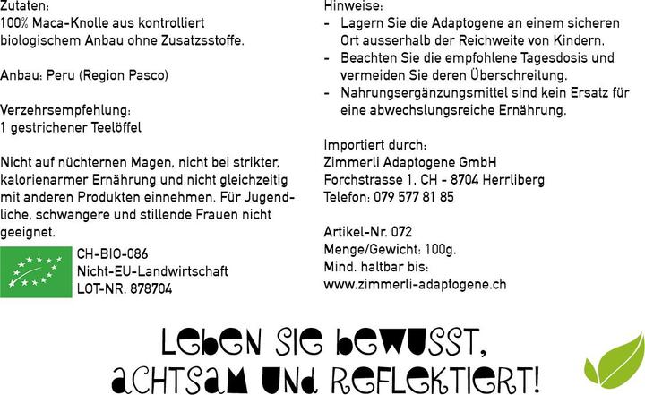 Nährwerte und Zutaten Zimmerli Adaptogene Maca Pulver (BIO) (1 Stück, Pulver, 100 g)