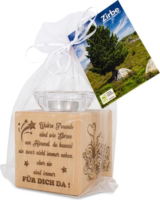 Produktbild ZNatur Zirben Holz Teelichthalter Würfel & Glas Dekogeschenk mit Gravur Wahre FreundeNo.11 (1 x)