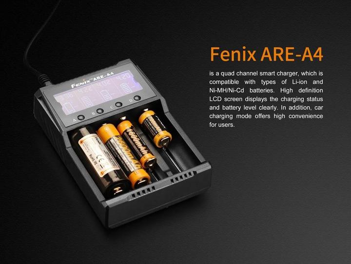 Actual product image Fenix Round cell charger ARE A4 (1 pcs., 10340, 10350, 10440, 10500, 12500, 12650, 13500, 13650, 14500, 14650, 16340, 16650, 17500, 17650, 17670, 18350, 18490, 18500, 18650, 18700, 21700, 22650, 25500, 26500, 26650, Rechargeable battery)