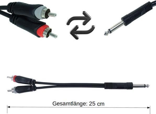 Produktbild keepdrum YC017 Y-Adapter 6,3mm Mono Klinke zu Stereo Cinch Stecker (0.25 m)