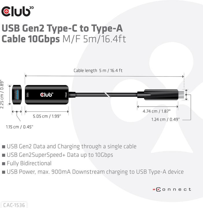 Immagine prodotto Club 3D Cavo Club3D USB 3.2 Tipo C <> USB Tipo A St/Bu (5 m, USB 3.1)